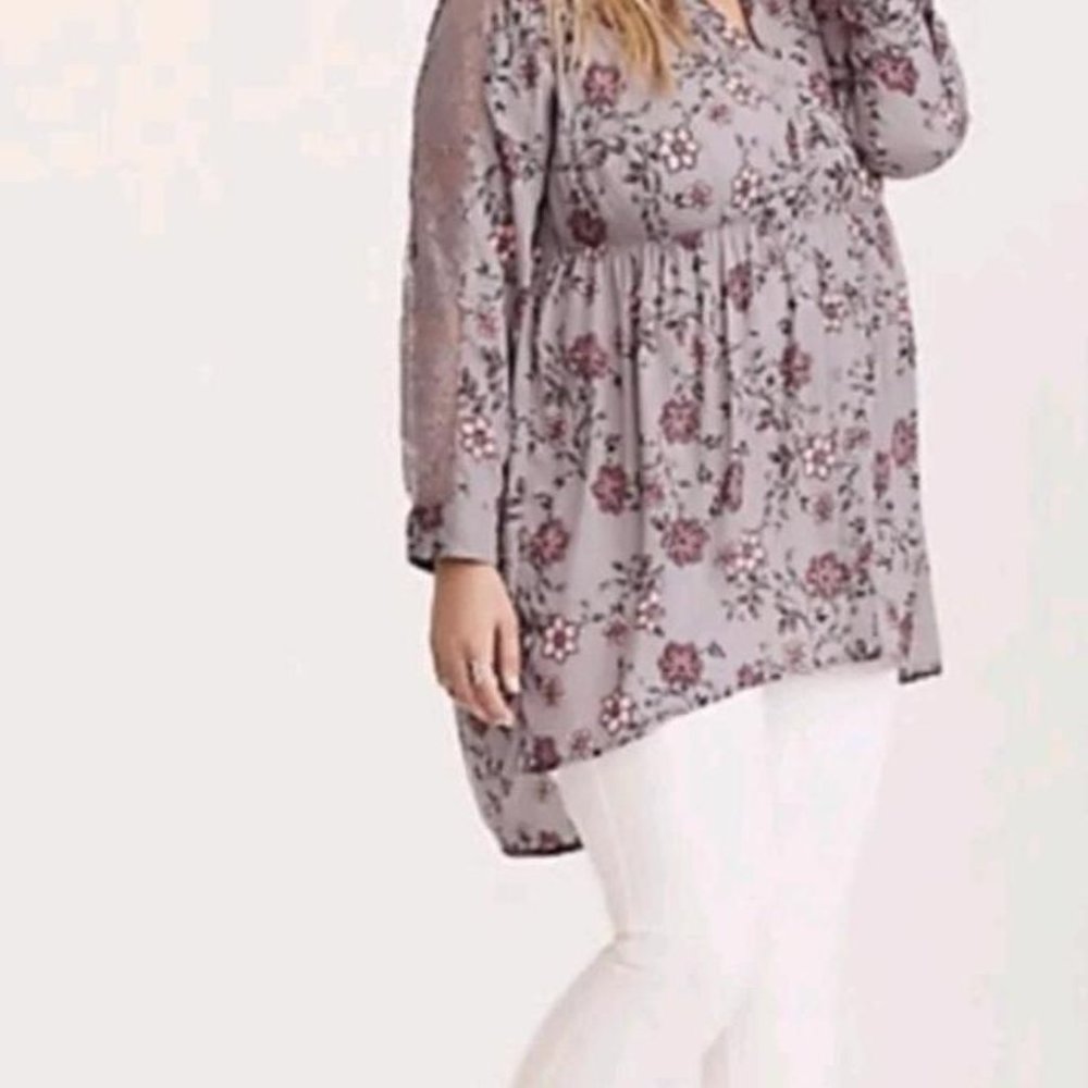 Torrid Floral Lace Blouse - Gray and Pink